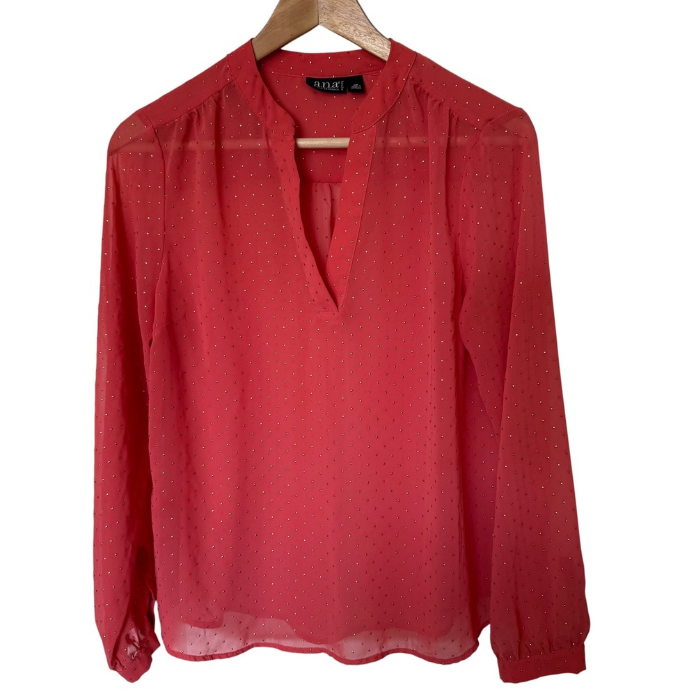 ana Blouse Womens PM Coral Pink Excellent Gold Foil Polka Dot Sheer V-Neck Top